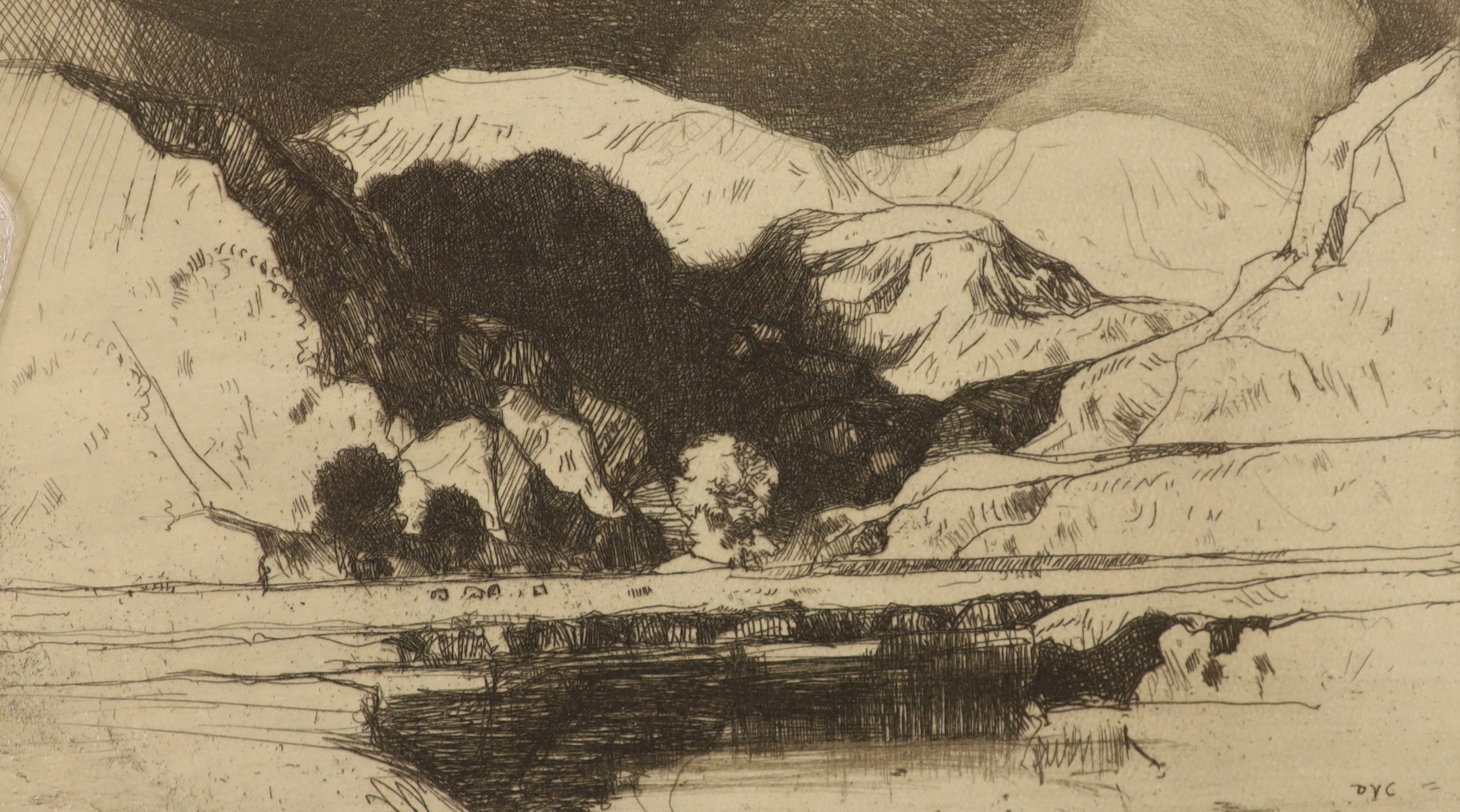 David Young Cameron, R.A, R.S.A., R.W.S., R.E. (1865-1945) , eight etchings, Views of Winchester, Dovedale, Charter House School, etc., largest 9 x 15cm, unframed